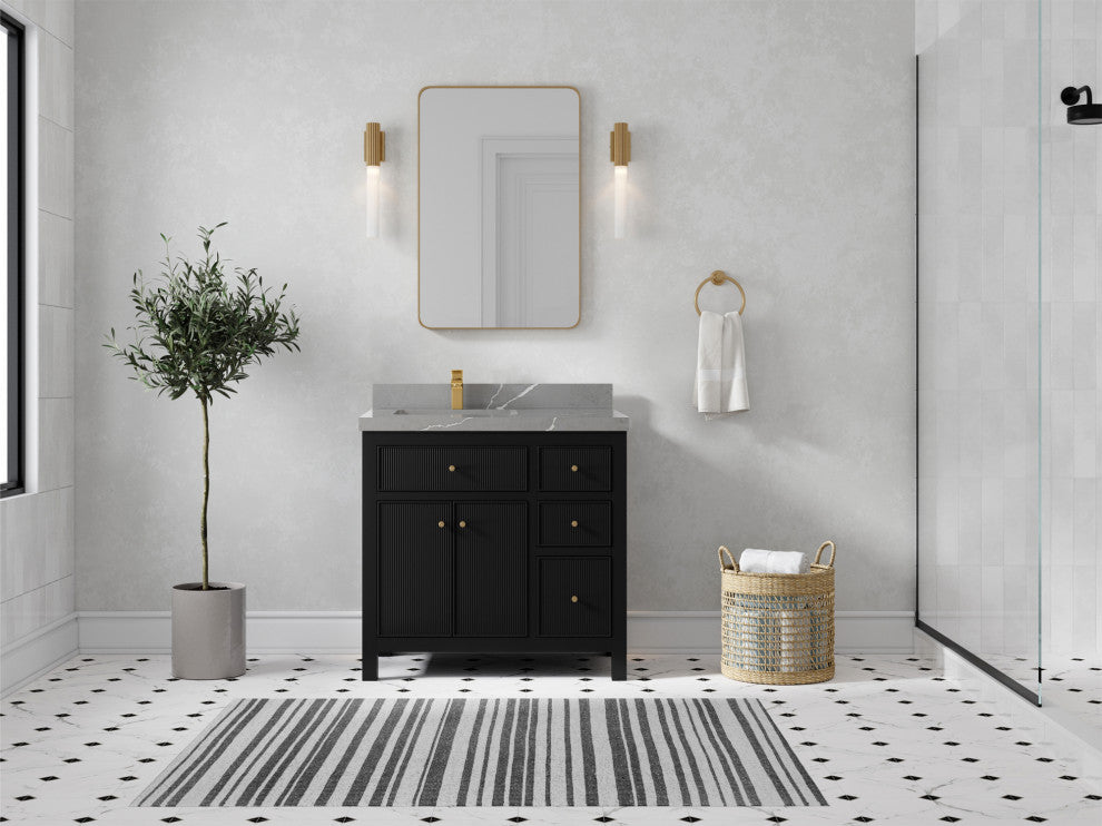 Sonoma 36 Left Offset Reeded Bath Vanity in Black 2" Piatra Gray