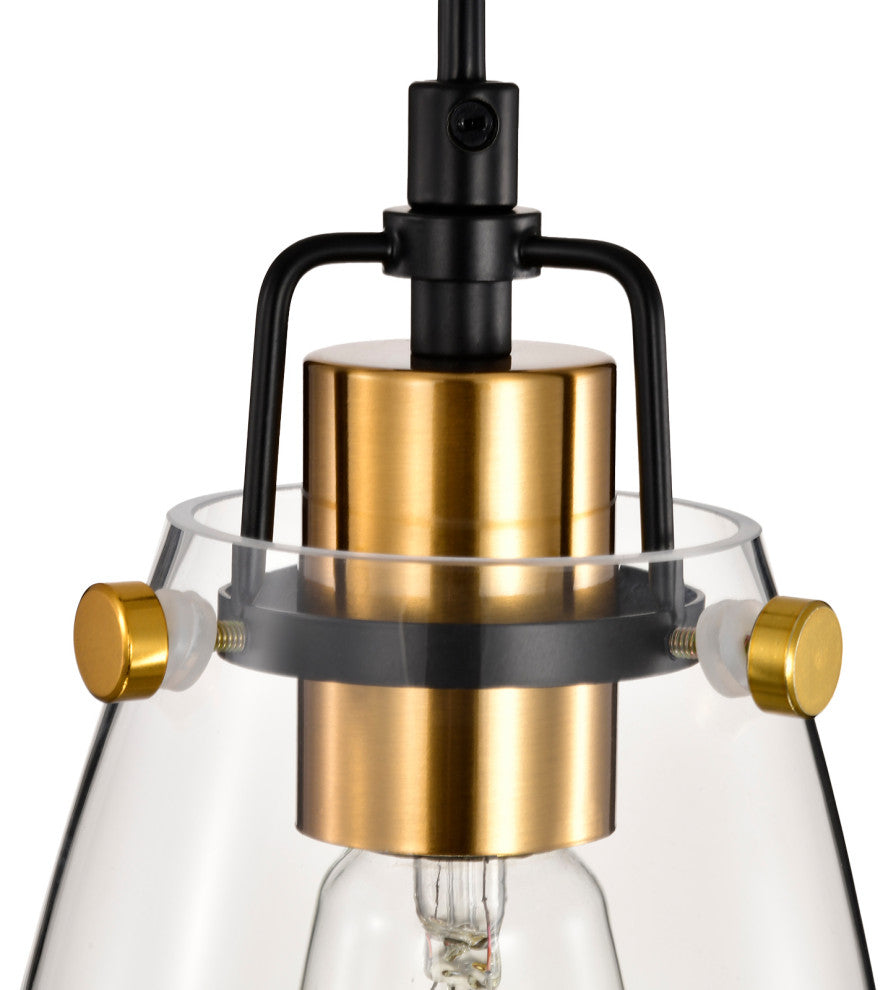 Ontario 1-Light Black and Antique Gold Mini Pendant With Clear Glass Shade