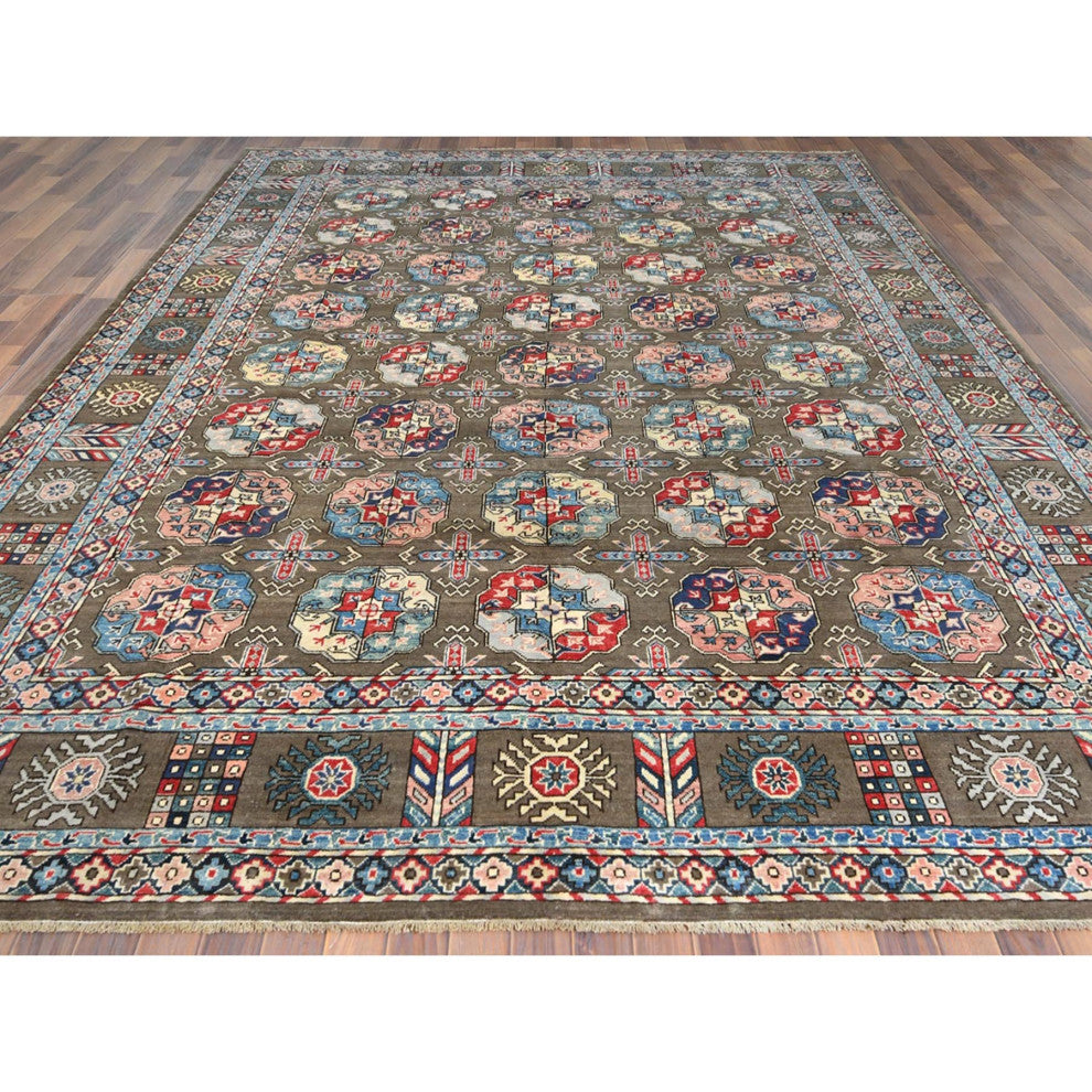 Afghan Special Kazak Shiny Wool, Hand Knotted Taupe Oriental Rug, 9'7" x 12'9"