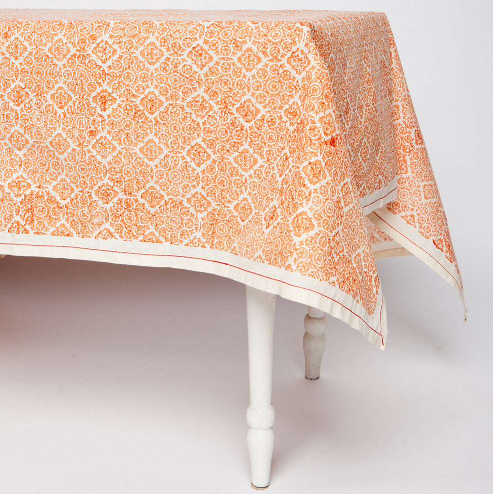 Mosaic Rose Hand Block Printed Table Cloth, Unbleached Cotton