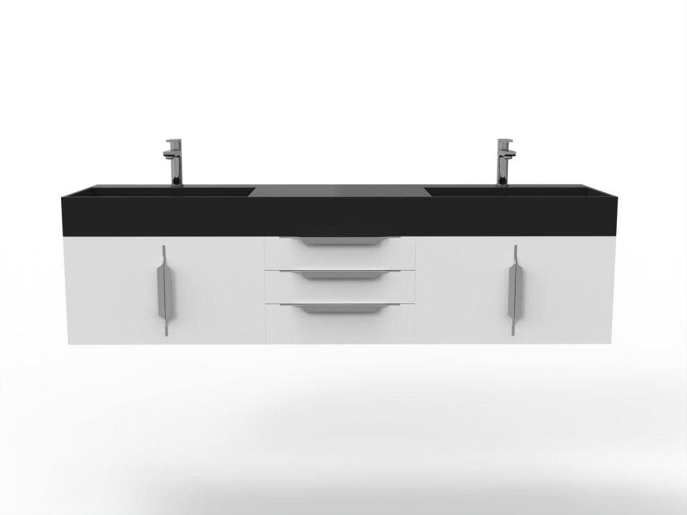 CastelloUSA Amazon 72" Wall Mounted Vanity Set, White, Black Top, Chrome Handles