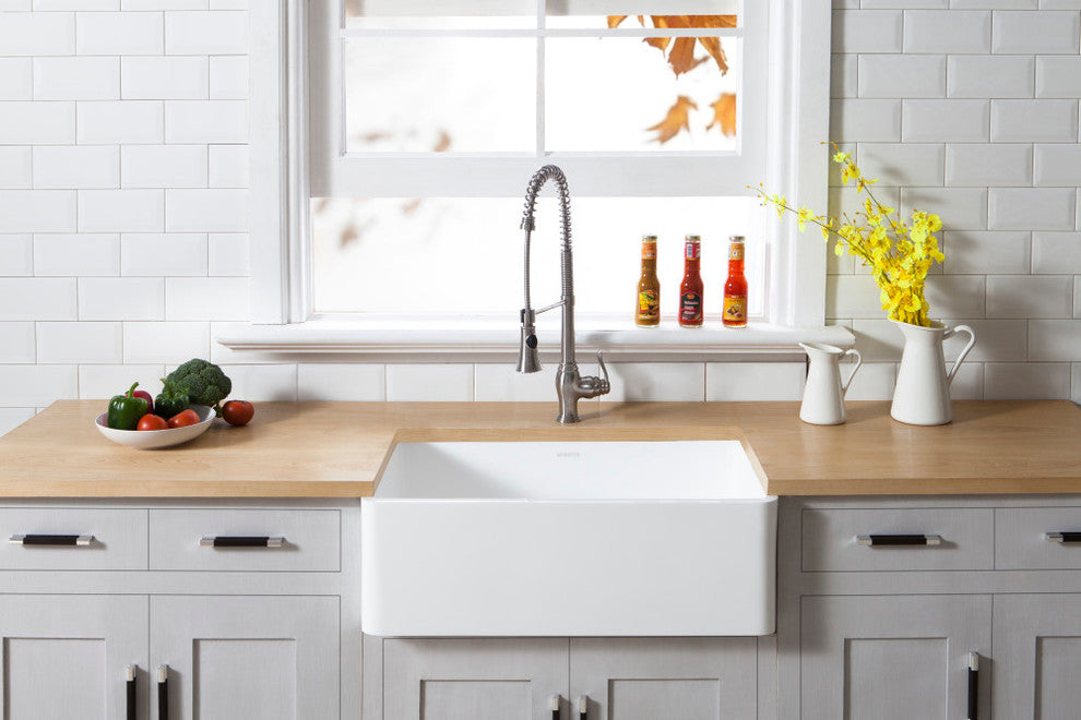 Solid Surface White Stone Front Farmhouse Single Bowl Kitchen Sink, Matte White
