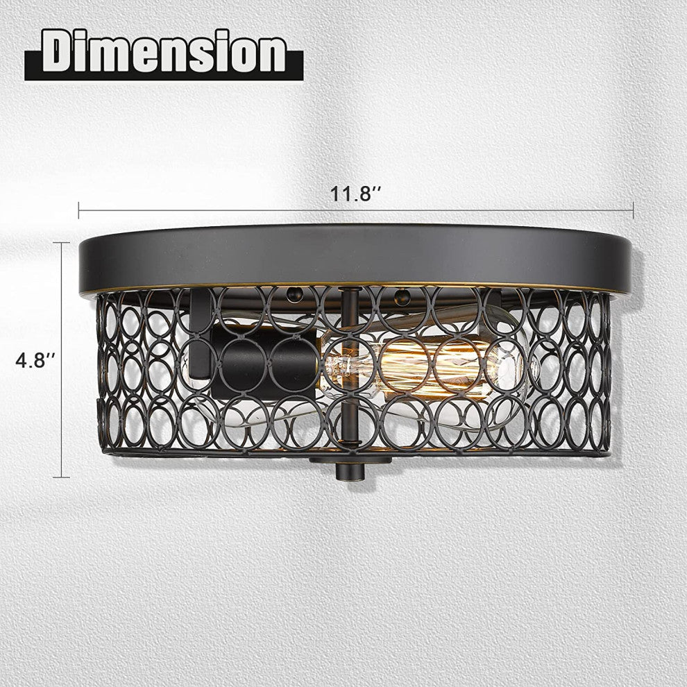 2 Light Rust Flush Mount Ceiling Light, Vintage, Black Mesh Cage