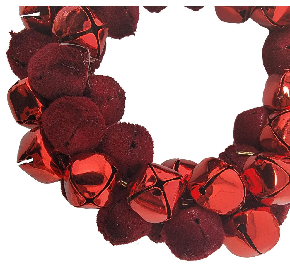 Red Jingle Bell Wreath Ornament Large 4 in Metal Velvet Vintage Antique Style
