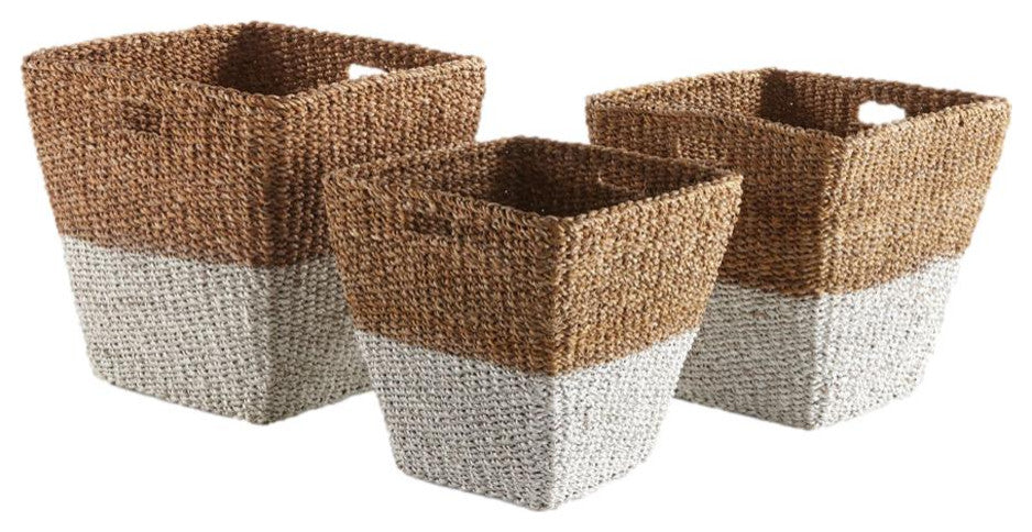 Set of 3 Two Tone Woven Sea Grass Tapered Square Storage Basket White Natural