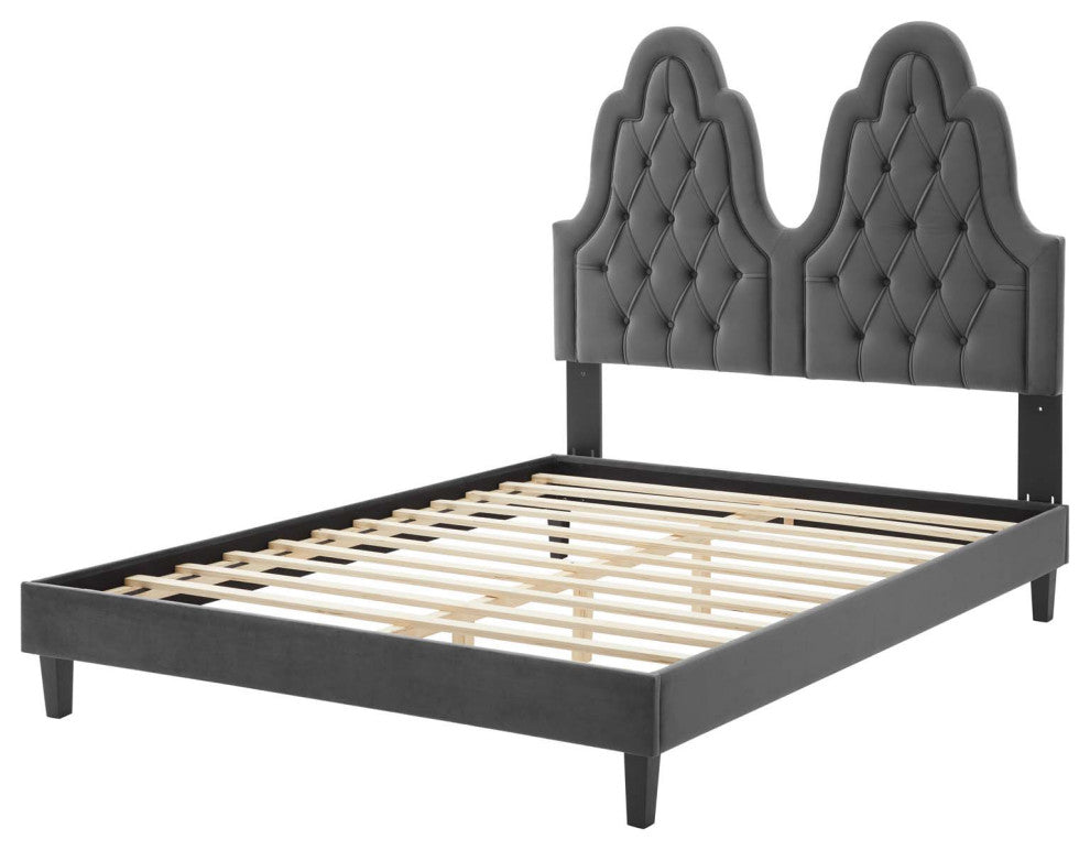 Tufted Platform Bed Frame, Twin Size, Velvet, Gray, Modern Contemporary