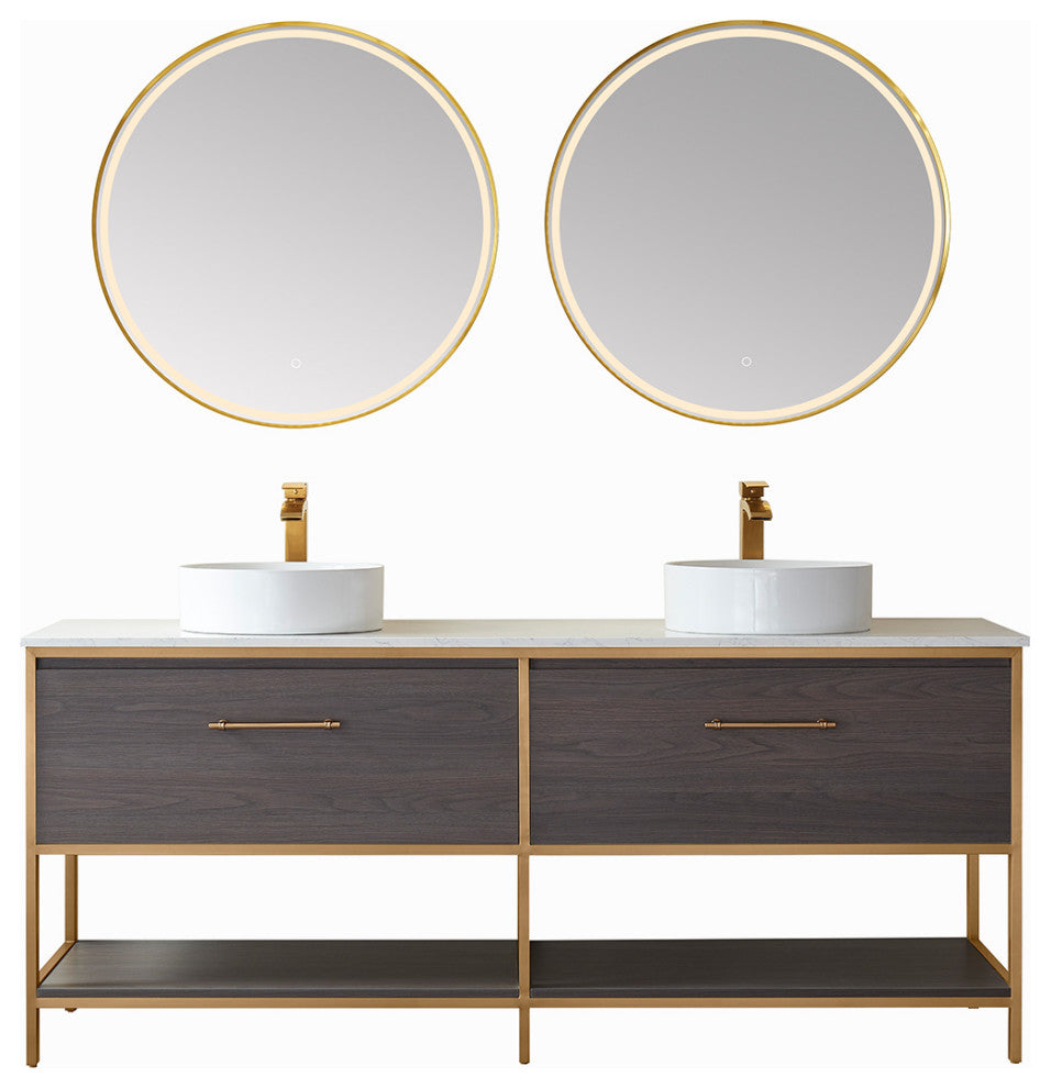 Murcia Vanity With White Stone Countertop, Suleiman Oak, 72", With Mirror