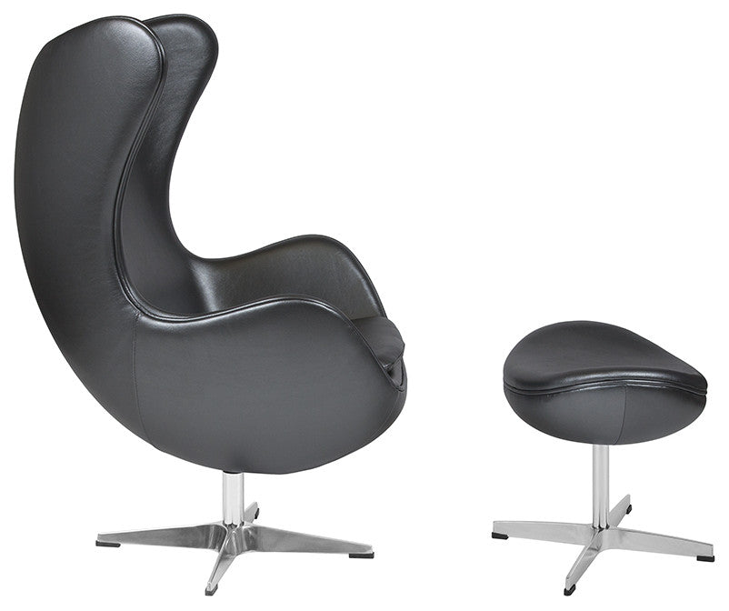 Gray Leather Egg Chair With Tilt-Lock Mechanism And Ottoman