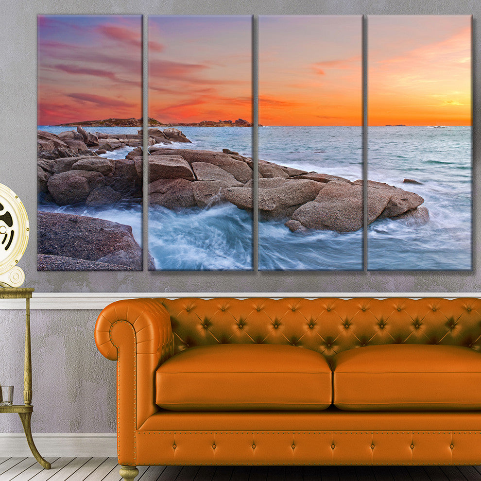 Colorful Sunset at Rocky Seaside, Seashore Wall Art on Canvas, 48"x28", 4 Panels