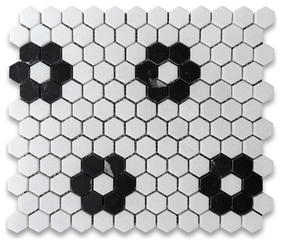 Thassos White Marble Hexagon Rosette Mosaic Tile Nero Marquina Black, 1 sheet