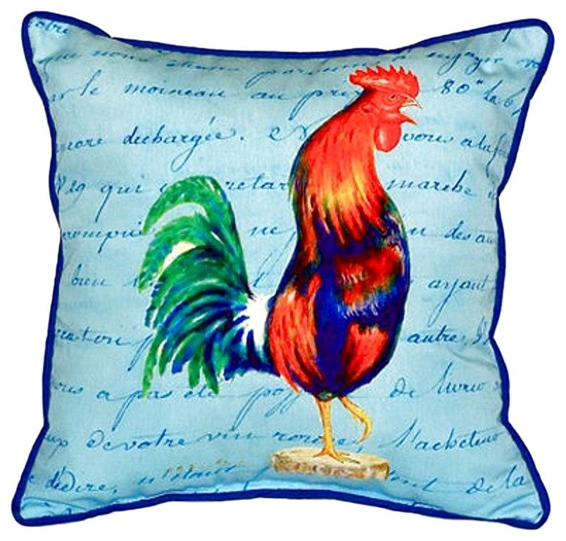 Betsy Drake Blue Rooster Script - Small Indoor/Outdoor Pillow 12x12