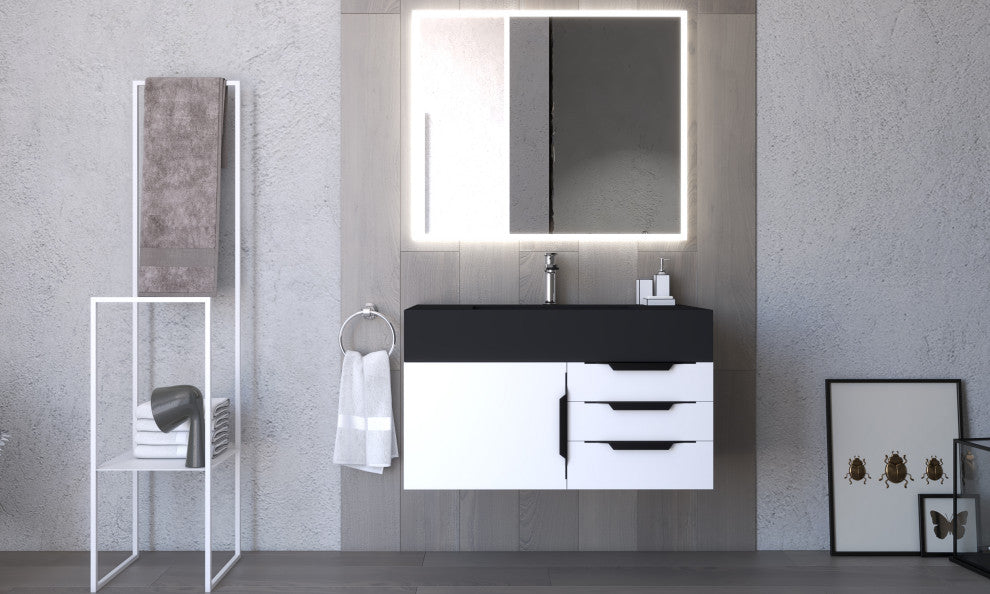 CastelloUSA Alpine 36" Wall Mounted Vanity, Base Only, White, Black Handles