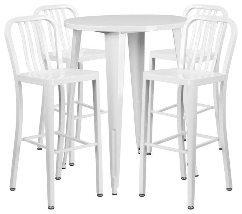 30'' Round White Metal Indoor-Outdoor Bar Table-4 Vertical Slat Back Barstools