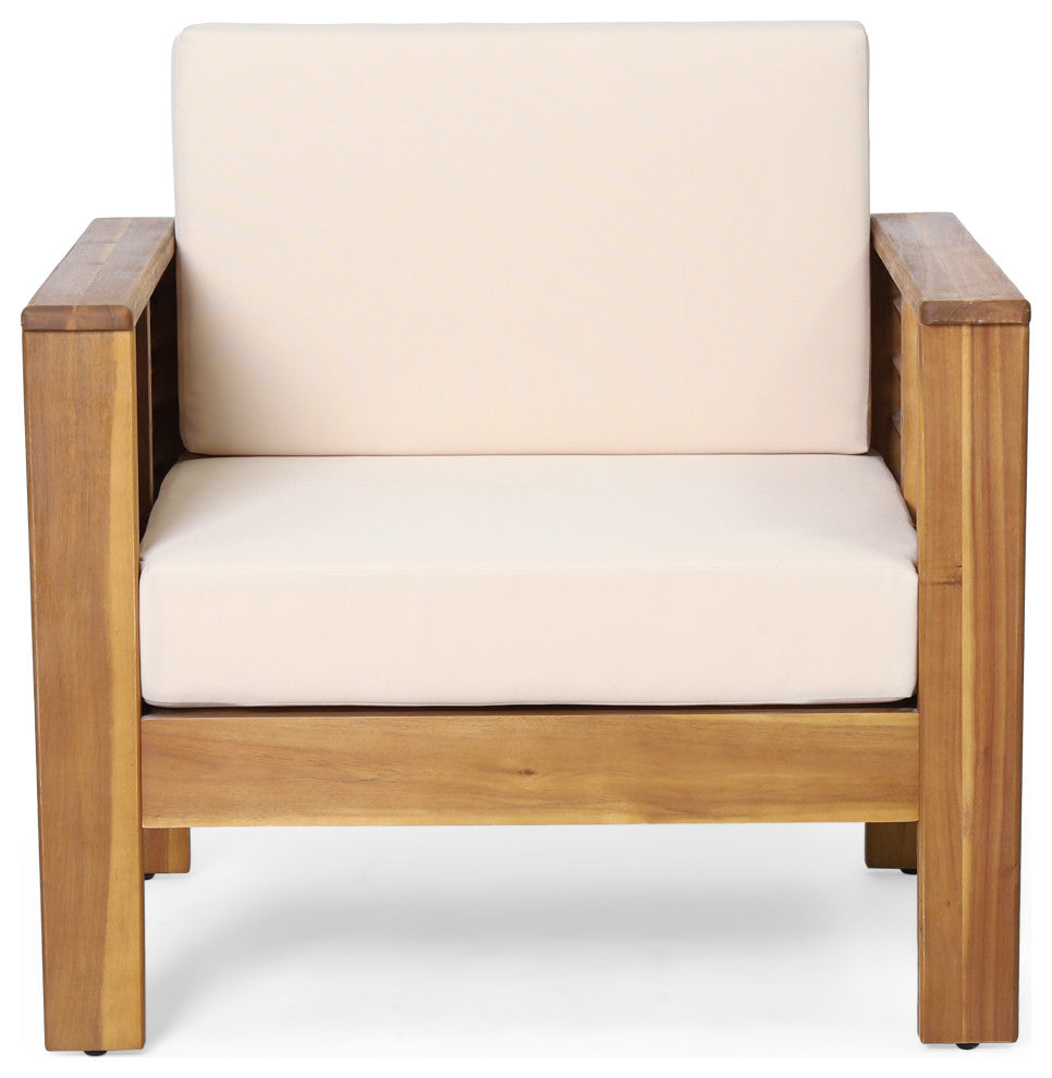 Rabun Outdoor Acacia Wood Club Chairs with Cushions, Teak + Cream, Single