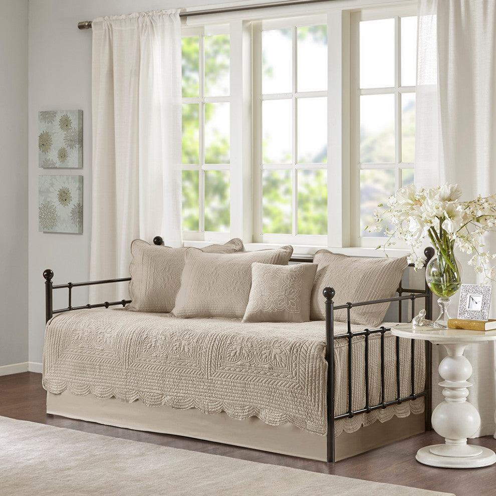 Madison Park Tuscany 6 Piece Reversible Scalloped Edge Daybed Cover Set, Khaki