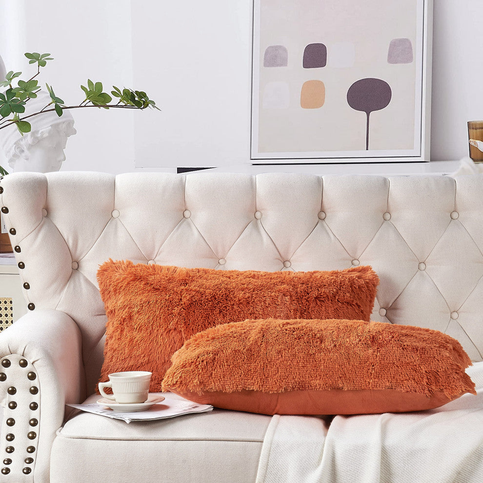 Shaggy Faux Fur Pillow Cover, Burnt Orange, Set of 2, 14"x26"