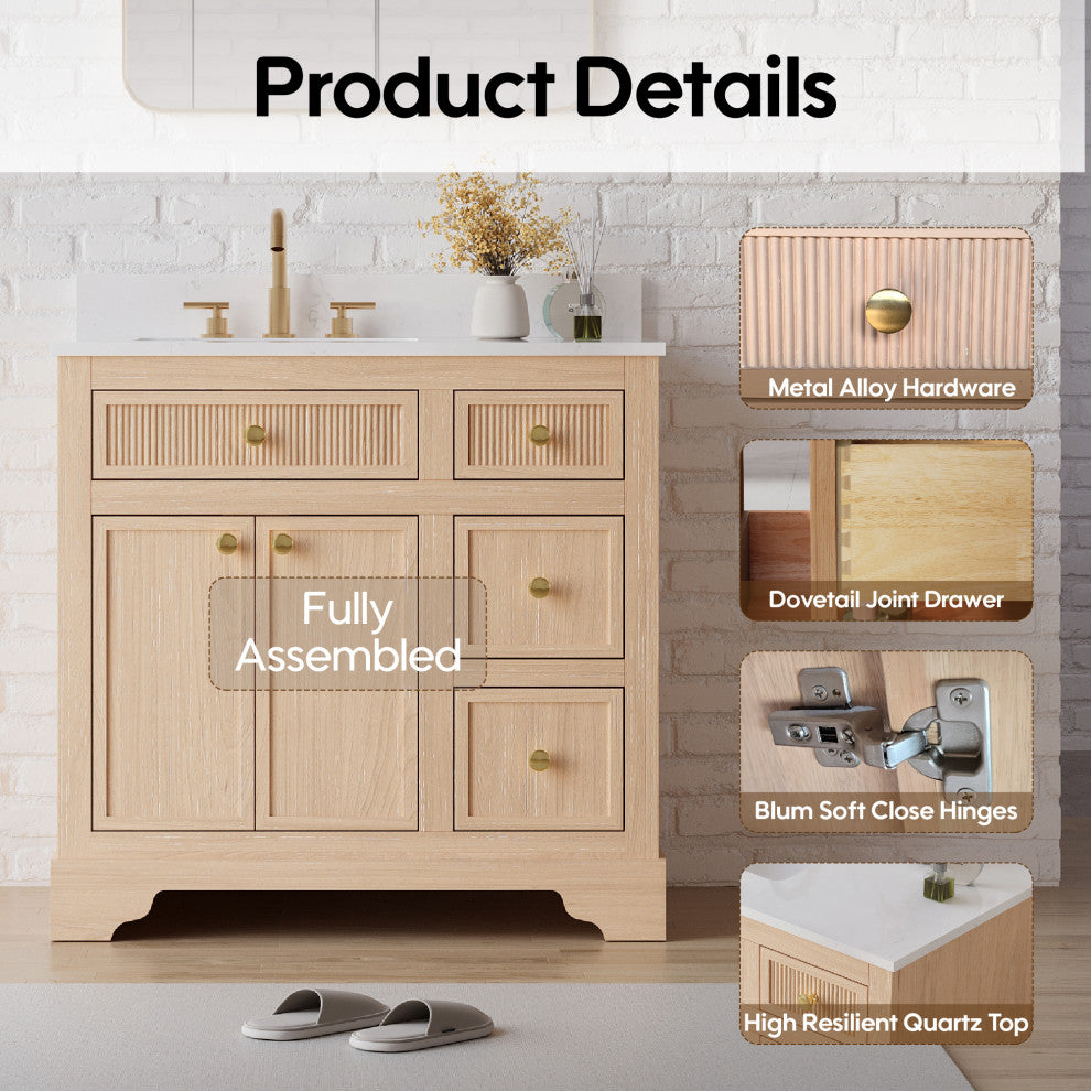Solid Wood Bathroom Vanity with Carrara White Quartz Top, CUPC-certified Sink, 36"