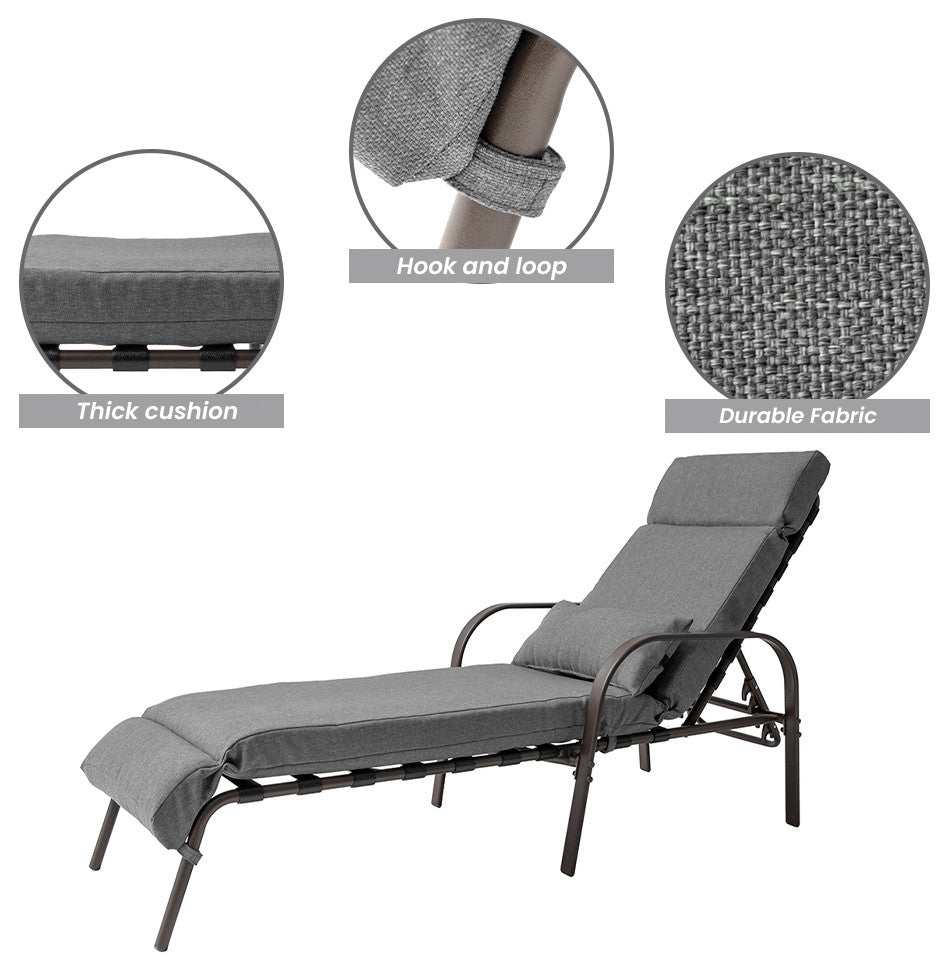 Set of 2 Adjustable Chaise Lounge Chair with Cushion & Pillow, Dark Gray