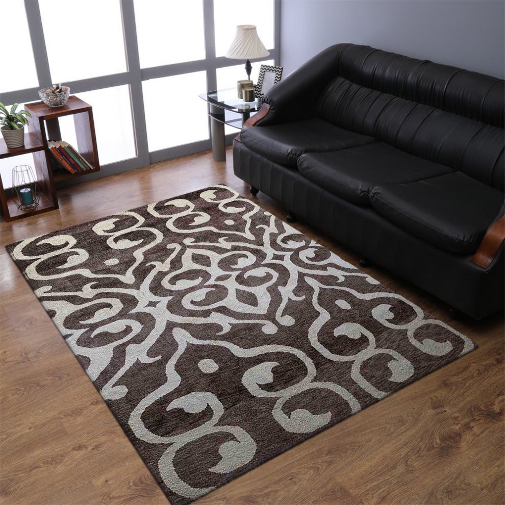 Hand Knotted Silk Area Rug Contemporary Brown Beige