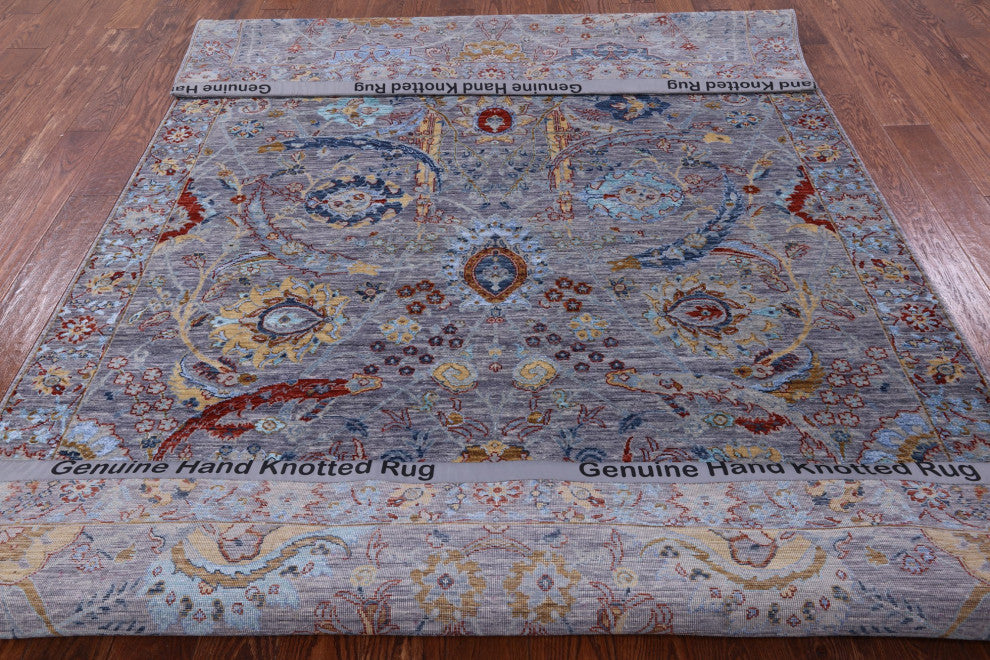 Sickle Leaf Design Persian Wool and Silk Hand Knotted Rug 6' 3" X 9' 3" Q6075