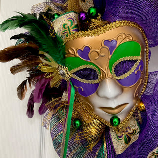 Mardi Gras Feather Venetian Mask Deco Mesh Wreath