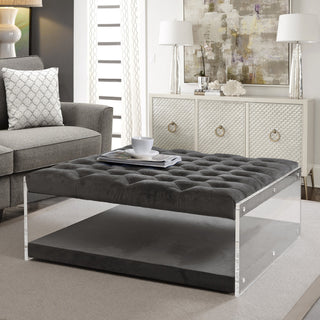 Rossi Velvet Oversized Button Tufted Clear Acrylic Sides Ottoman, Gray