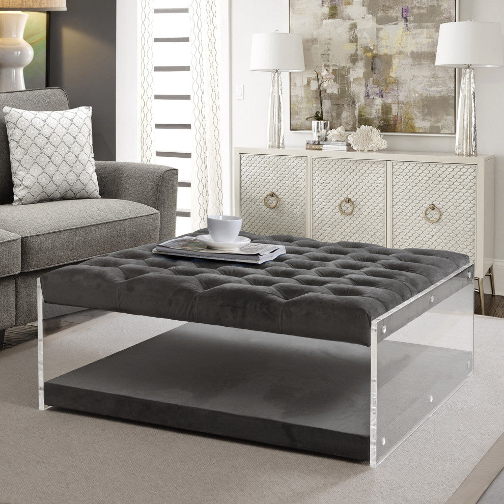 Rossi Velvet Oversized Button Tufted Clear Acrylic Sides Ottoman, Gray