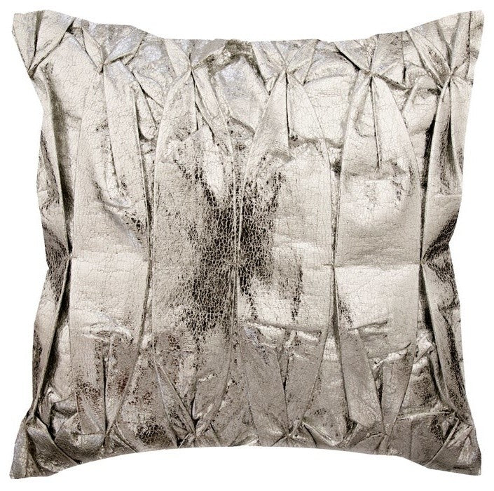 Pintucks & Textured Silver Faux Leather 26"x26" Pillow Cover, Stunning Silver