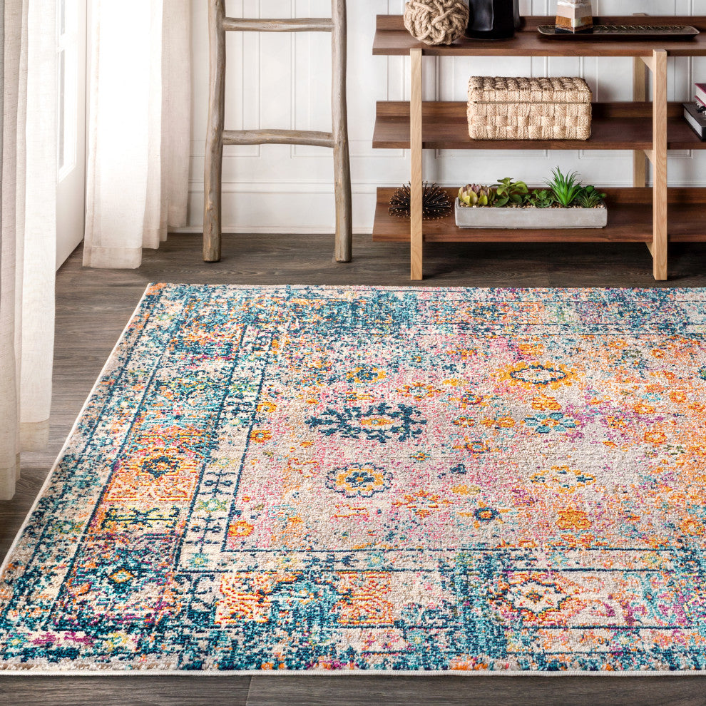 Bohemian Flair Boho Vintage Faded Area Rug, Cream/Navy, 5' x 8'