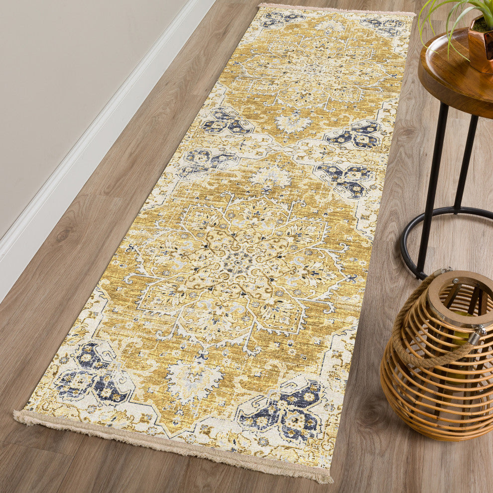 Indoor/Outdoor Marbella MB3 Gold Machine Washable 2'3" x 7'6" Runner Rug