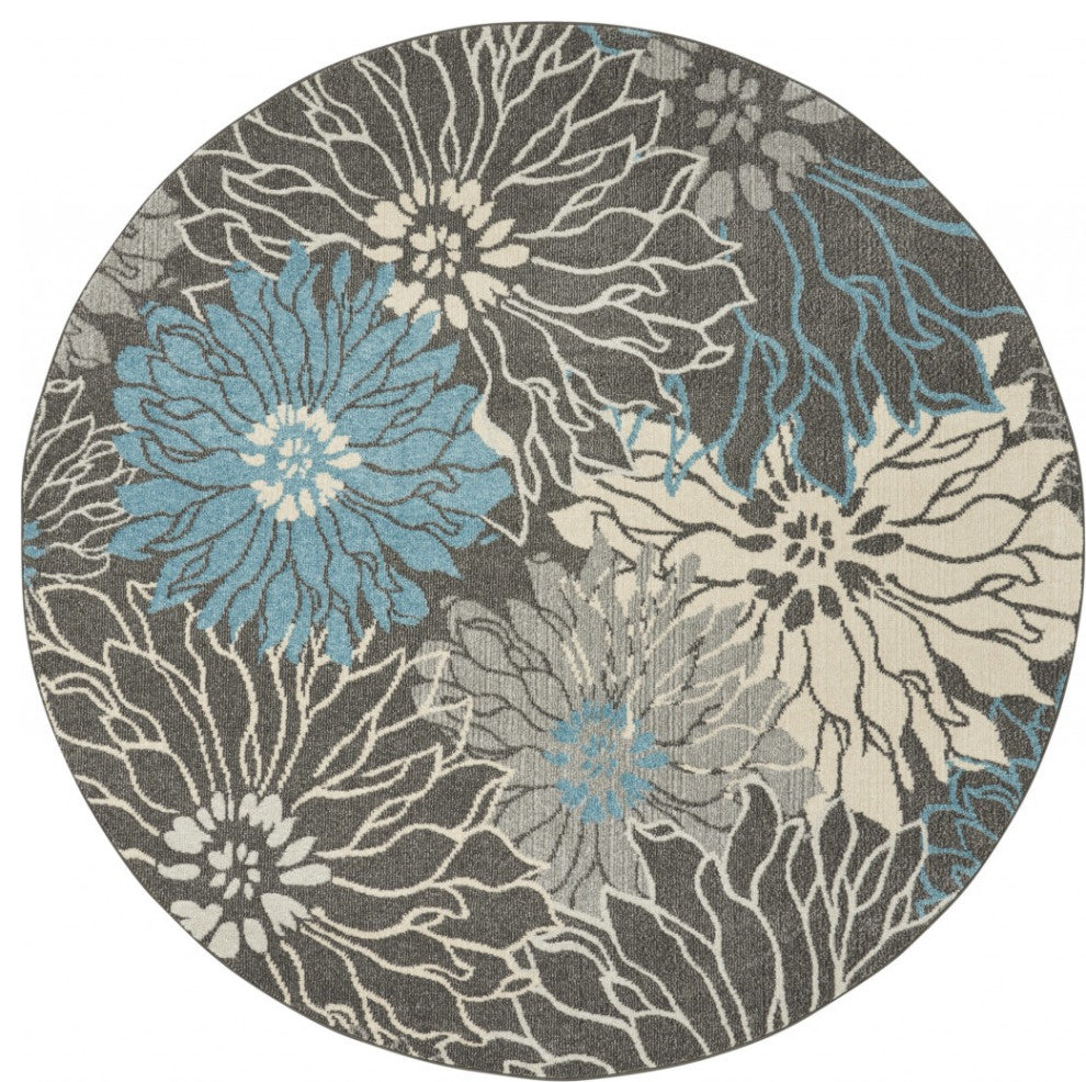 8 Round Charcoal and Blue Big Flower Area Rug