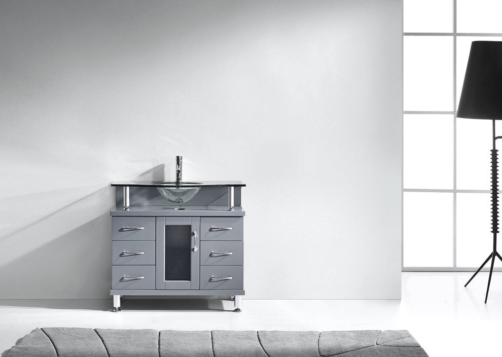Virtu Vincente 36" Single Bathroom Vanity, Gray With Clear Tempered Glass Top