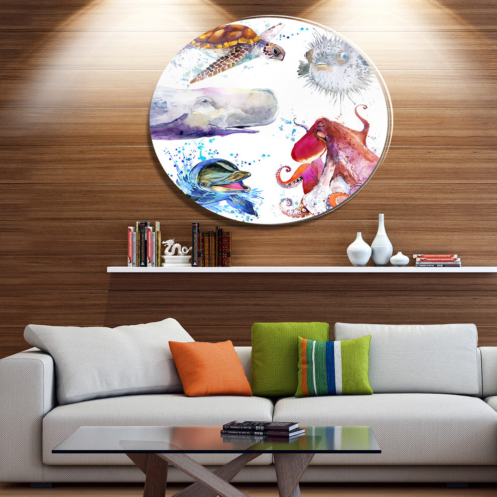 Amazing Undersea Life Collage, Animal Art Round Metal Wall Art, 23"