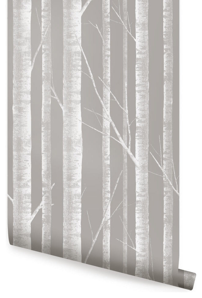 Birch Tree Peel and Stick Vinyl Wallpaper, White Gray, 24" X 60"
