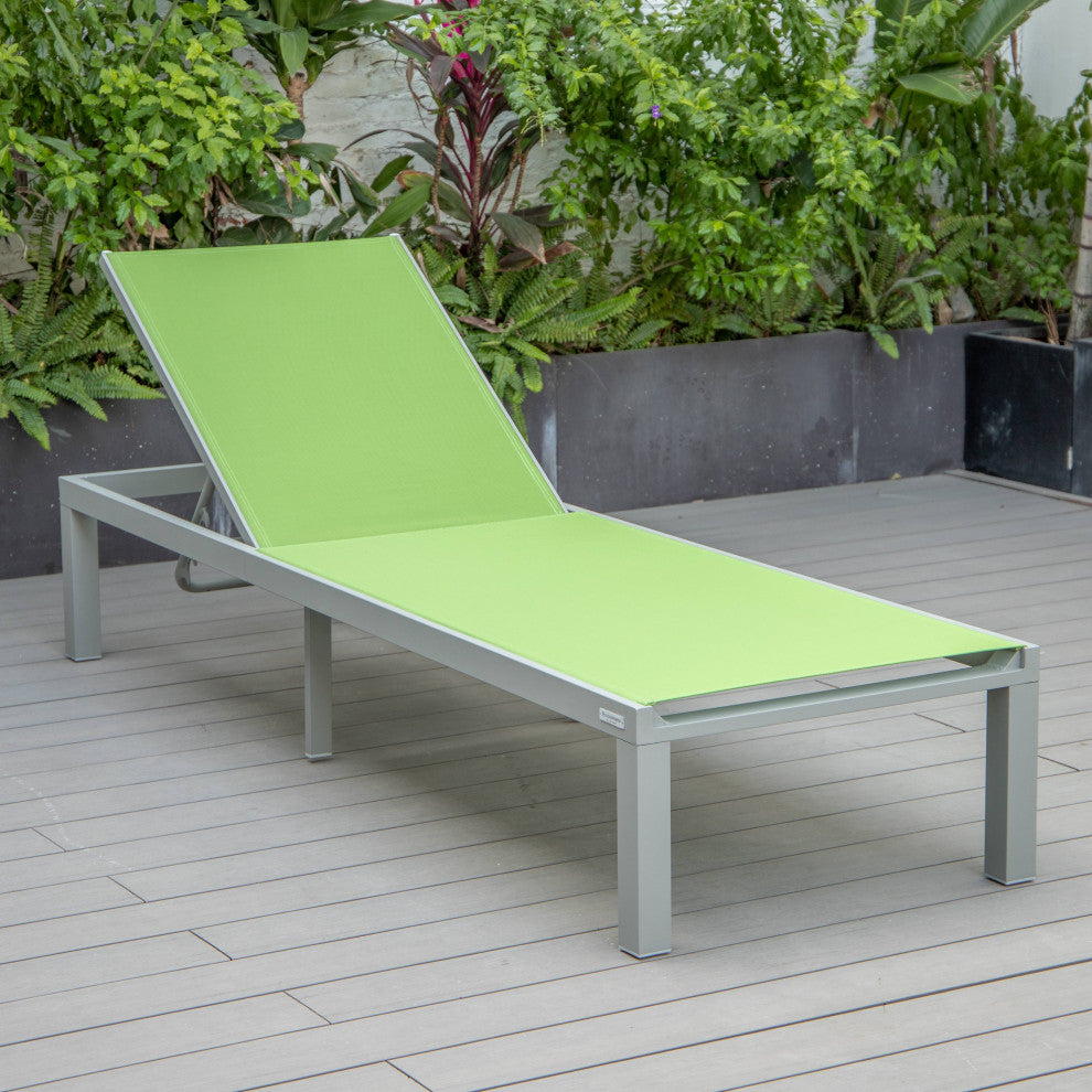 LeisureMod Marlin Patio Chaise Lounge Chair With Gray Frame, Green