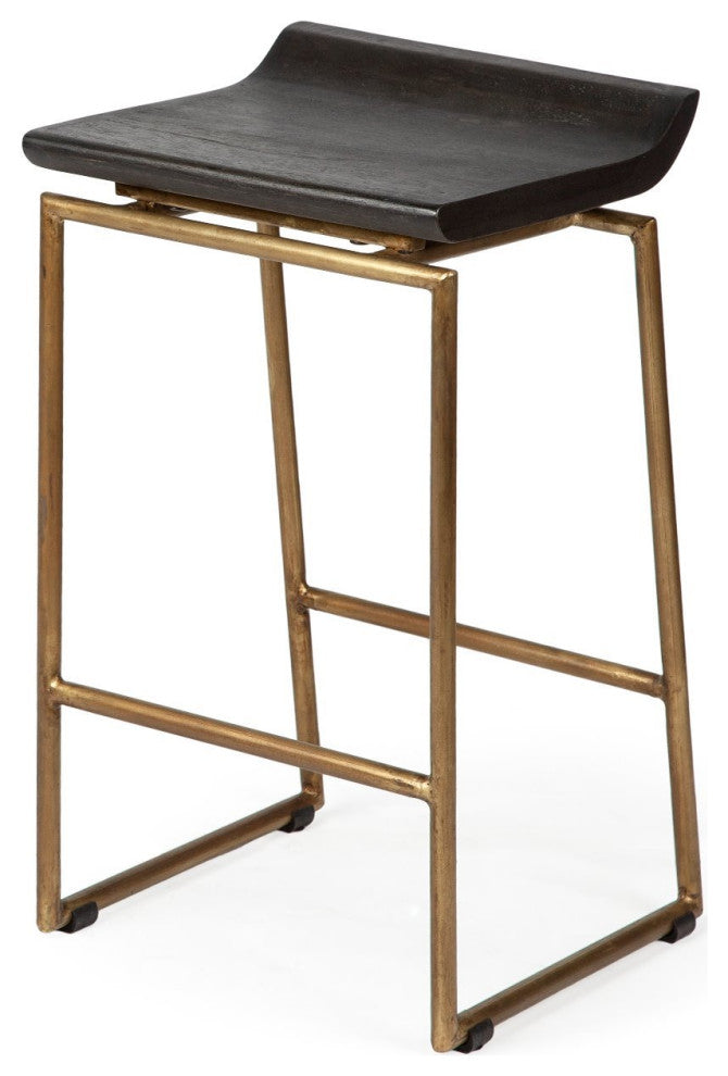 Givens Dark Brown Solid Wood Seat with Gold Metal Frame Counter Stool