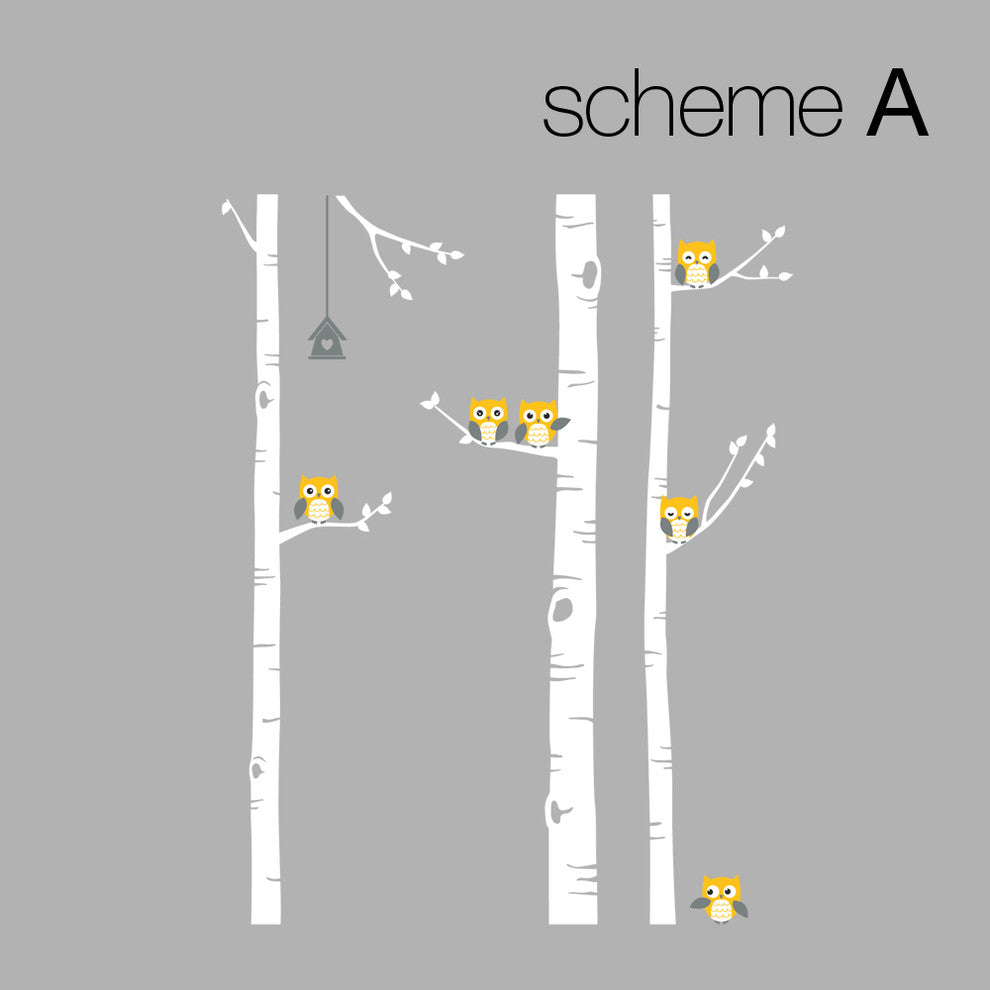 Birch Tree Wall Decal with Owls W1118, Scheme A, Standard, 96" Tall Trees