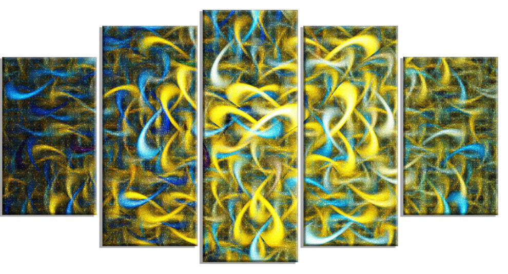 Golden Watercolor Fractal Pattern, Contemporary Art on Canvas, 60"x32", 5 Panels