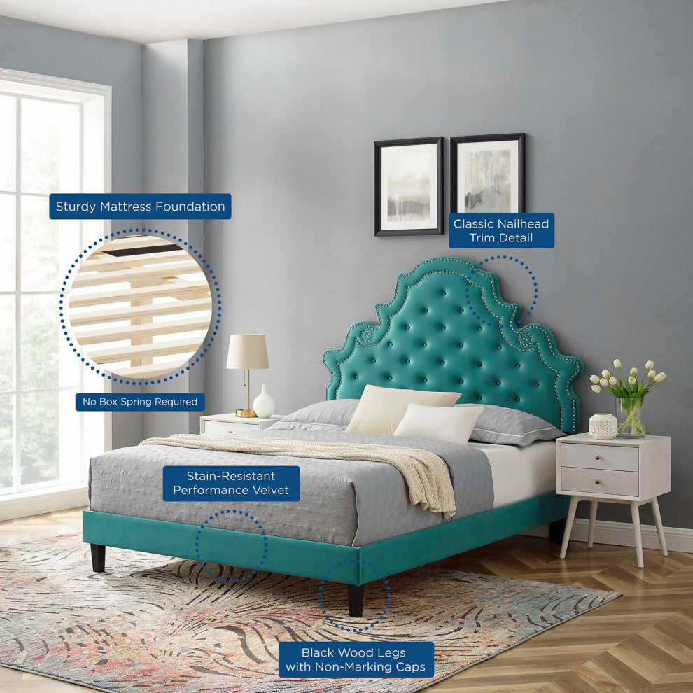 Tufted Platform Bed Frame, King Size, Velvet, Teal Blue, Modern Contemporary