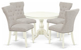 5Pc Dining Set, Linen White Round Table, 4 Doeskin Chairs Back