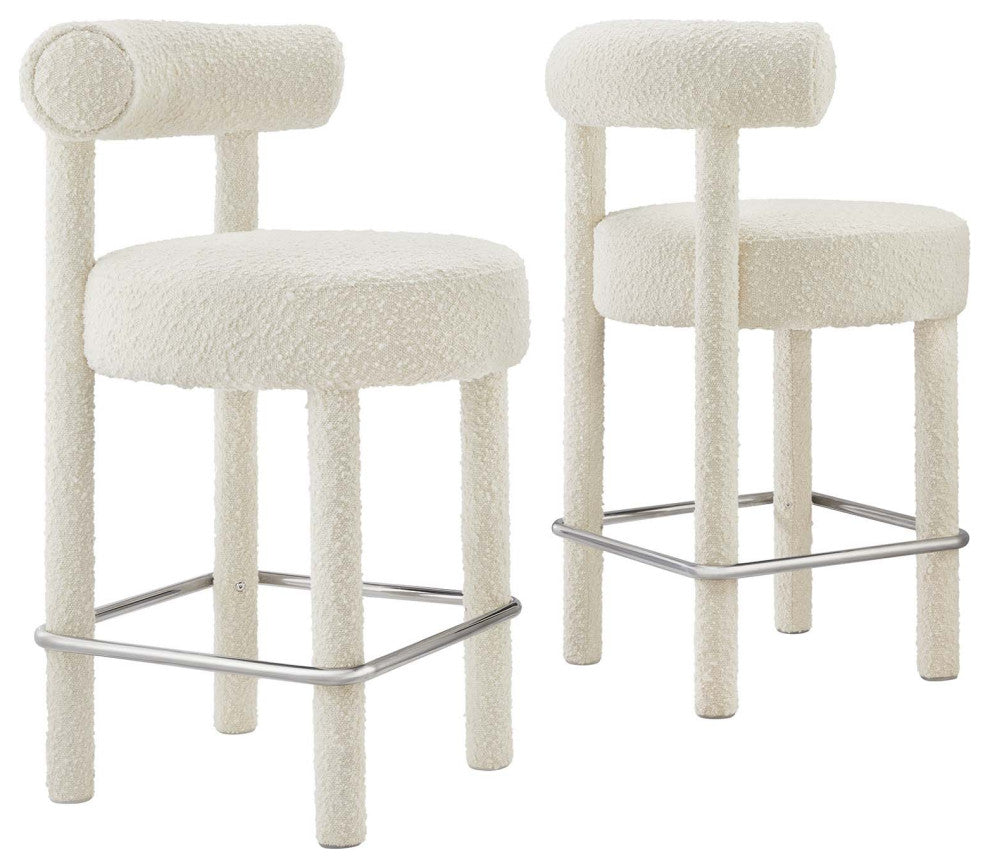 Toulouse Boucle Fabric Counter Stool - Set of 2 - Ivory Silver