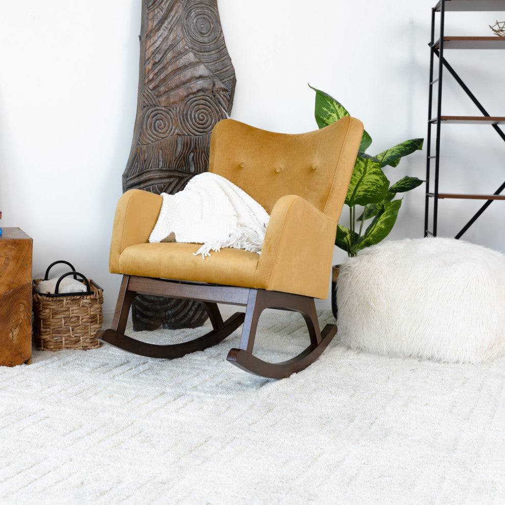Charlotte Mid-Century Tufted Back Velvet Upholstered Rocking Chair, Yellow