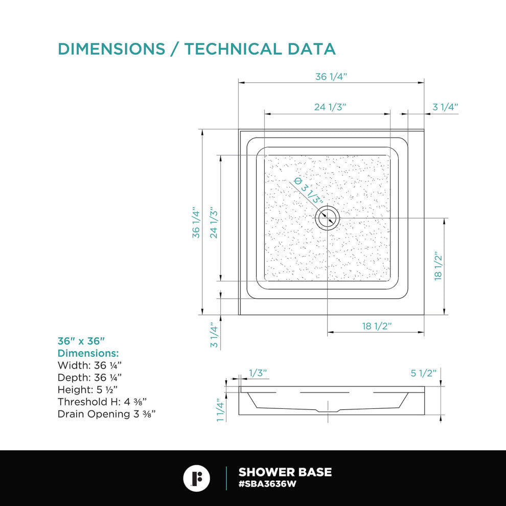 Fine Fixtures Double Threshold Acrylic Shower Base, 36 X 36, Universal