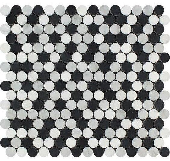 Carrara White Marble Polished Penny Round Mosaic  w/Carrara-Thassos-Black