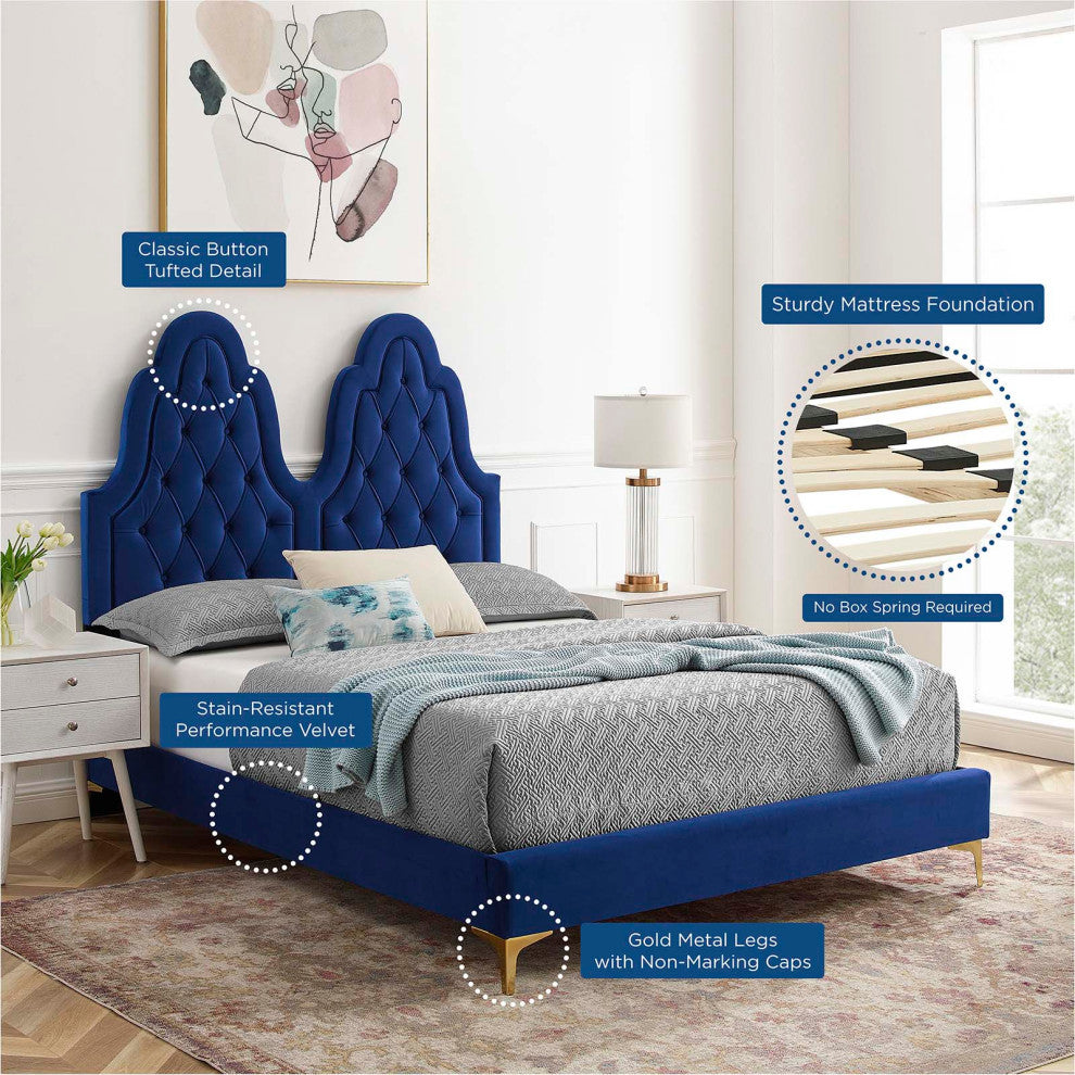 Tufted Platform Bed Frame, Twin Size, Velvet, Blue Navy, Modern Contemporary