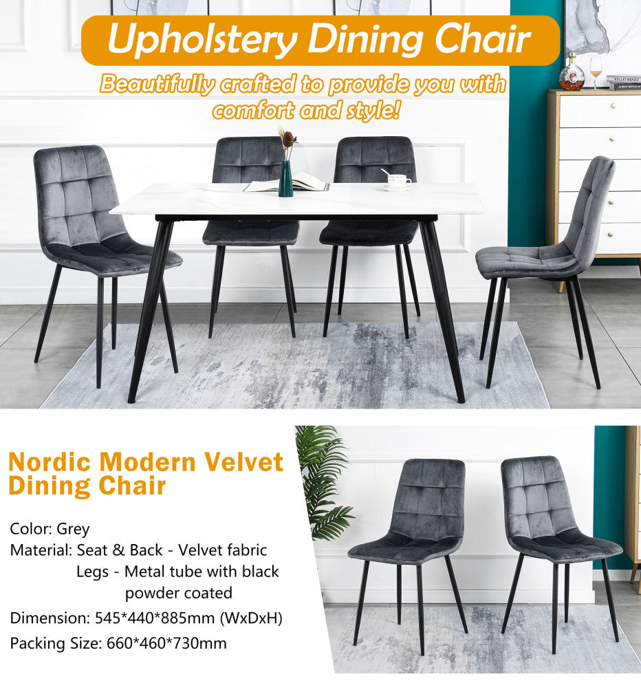 15 in.W Indoor Dining Velvet 4-Chair with Cushions and Metal Legs, Grey