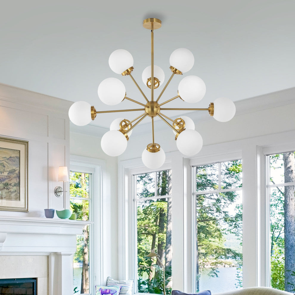 12-Light Dimmable Sputnik Sphere Chandelier, White Glass Shades