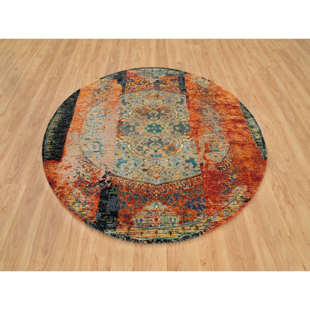 Orange, Ancient Ottoman Erased Design, Wool, Hand Knotted Round Rug, 6'1"x6'1"