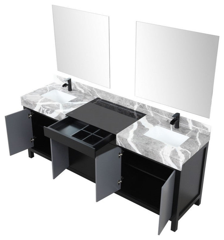 Zilara Black and Grey 84" Double Vanity Set, Cascata Nera Matte Black Faucet Set