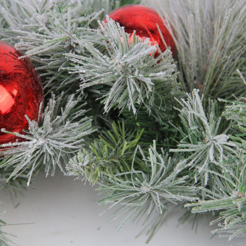 24" Flocked Pine, Red Ball, Berries & Silver Cedar Artificial Christmas Wreath